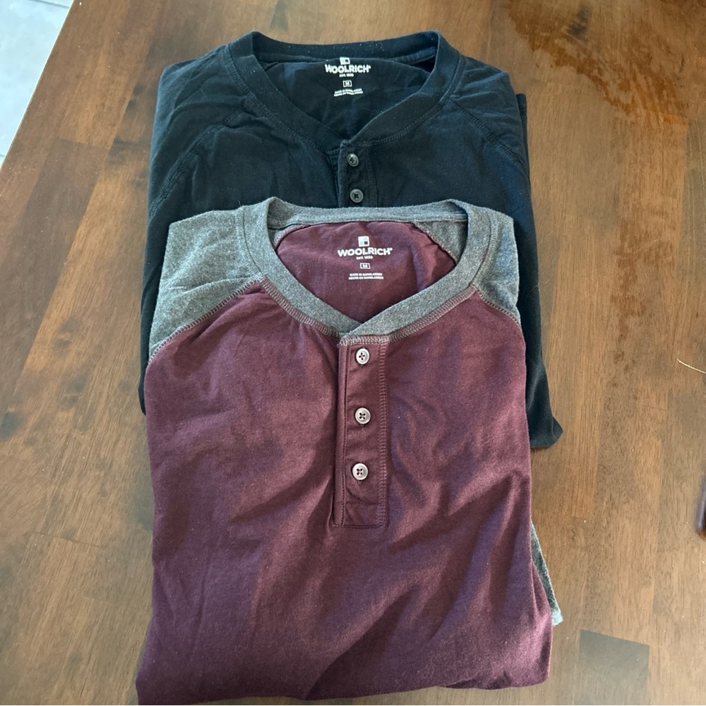 Woolrich Two Men’s Medium Long Sleeve Ts 1/4 Button Cotton Blend Black Maroon